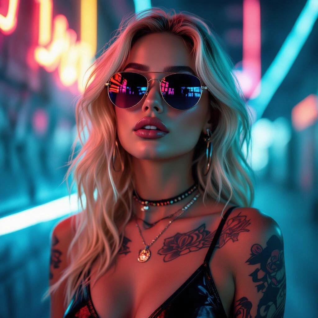Album cover featuring a blonde woman with tattoos and sunglasses. Soft colorful lighting in the background with neon effects. Glamorous style creates a dreamy atmosphere.