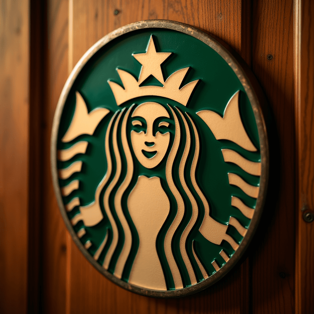 Close-up of a Starbucks logo on a wooden background.