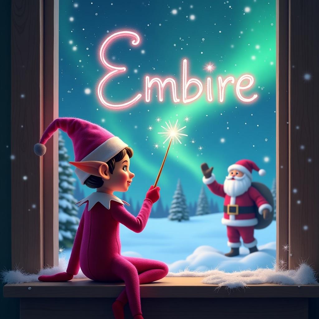 A pink elf on the shelf sits with their back to the viewer, gazing up at the sky. The elf holds a wand, using it to write the word 'Embire' in sparkling letters in the air. Behind the elf, a magical winter landscape unfolds, featuring beautiful northern lights that illuminate the snow-covered ground. In the distance, Santa Claus waves cheerfully. The scene is cozy and festive, evoking a sense of holiday wonder and magic.