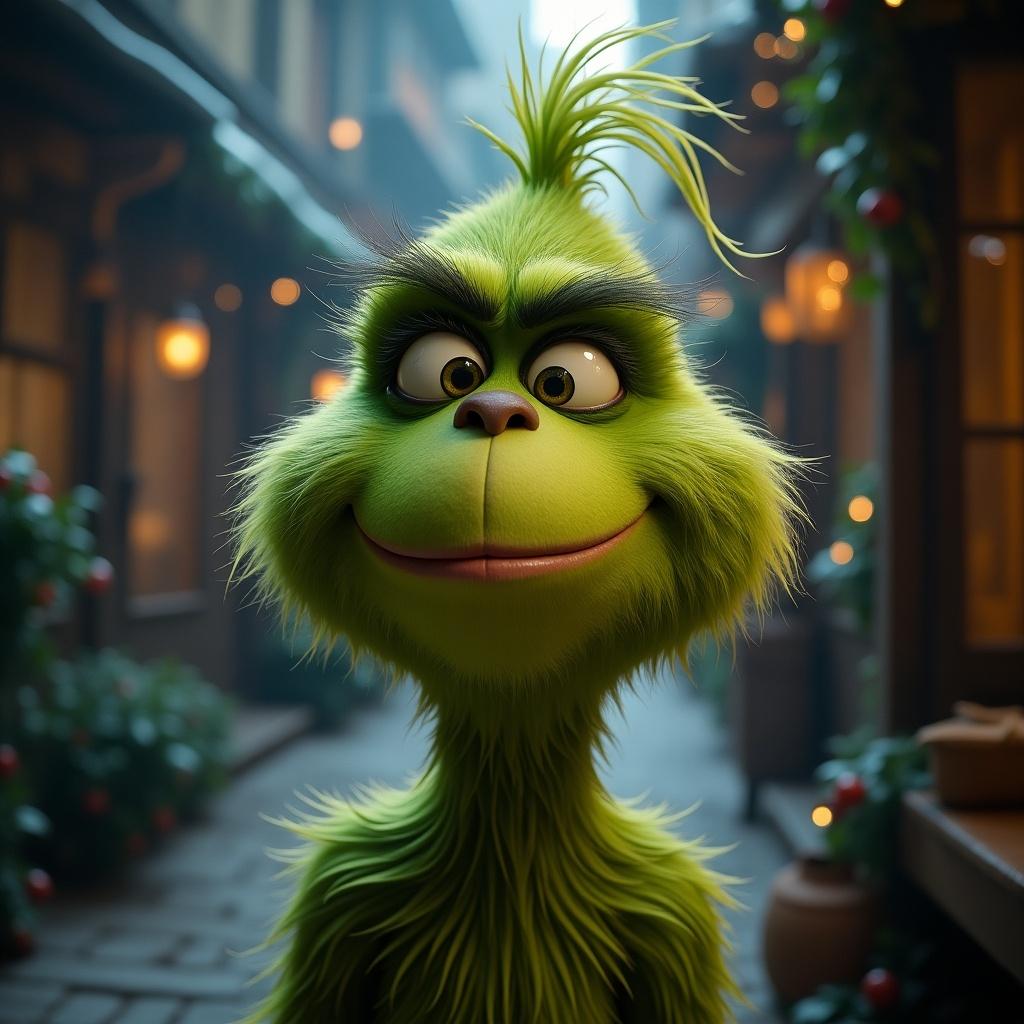 Grinch character looking up and to the right in a festive setting with warm lighting. Green fur, happy expression. Cozy ambiance with decorations.