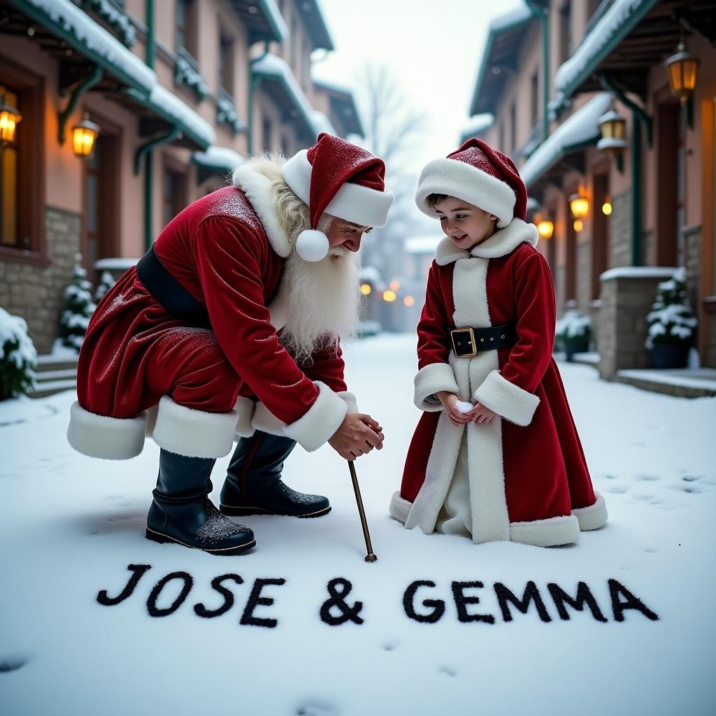 Santa Claus writes name JOSE & GEMMA in snow. Traditional red and white attire worn with black boots and belt. Snowy street with charming buildings creates festive atmosphere. Soft warm winter light enhances scene.