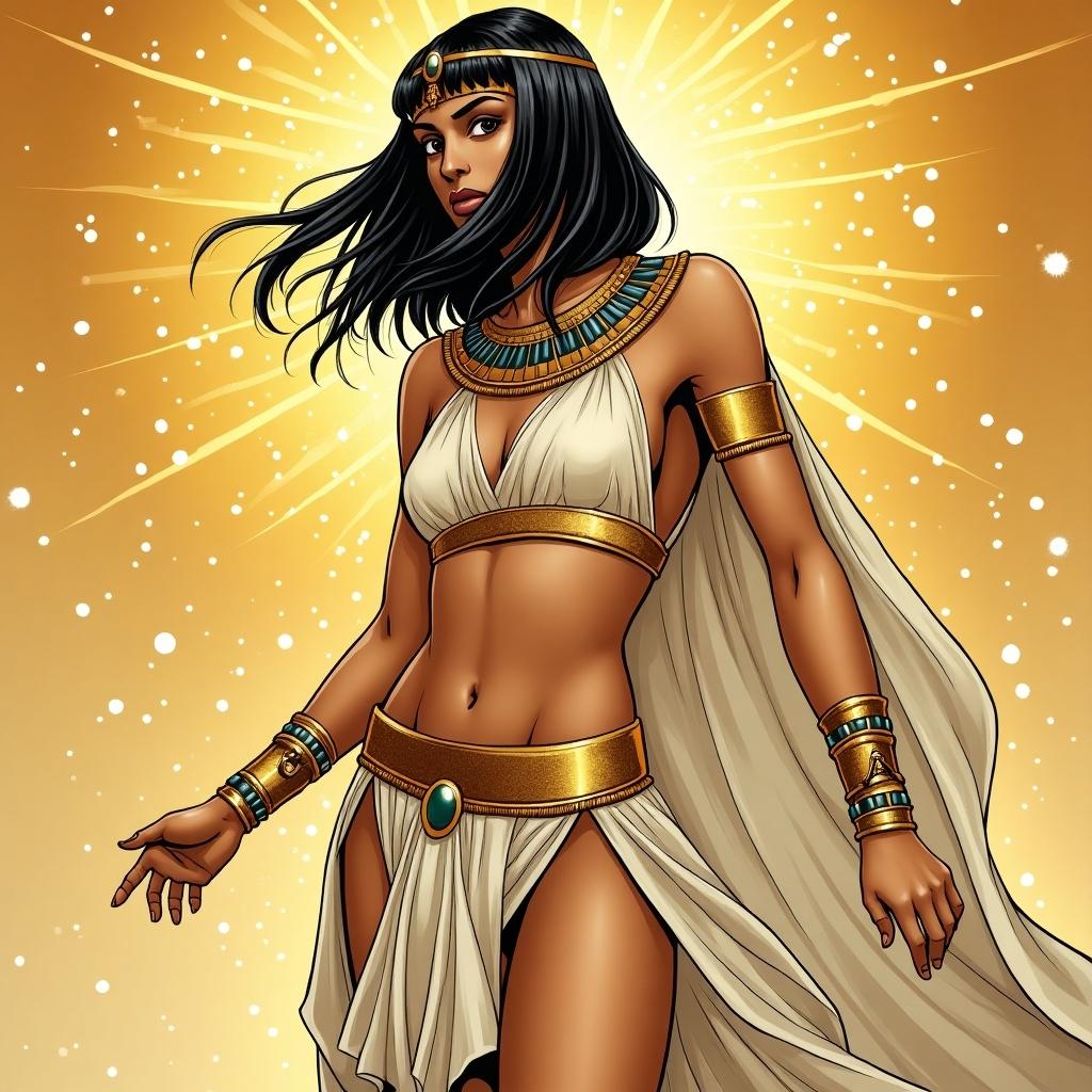 This illustration showcases a remarkable comic book art of Cleopatra, the iconic queen of Ancient Egypt. She has a striking Egyptian bob haircut, and her expression exudes confidence and power. Cleopatra is depicted barefoot, emphasizing her connection to the earth and her royal status. Adorned with exquisite golden foot jewelry, she radiates elegance. The background is a vibrant golden hue, enhancing her regal presence in this captivating artwork.