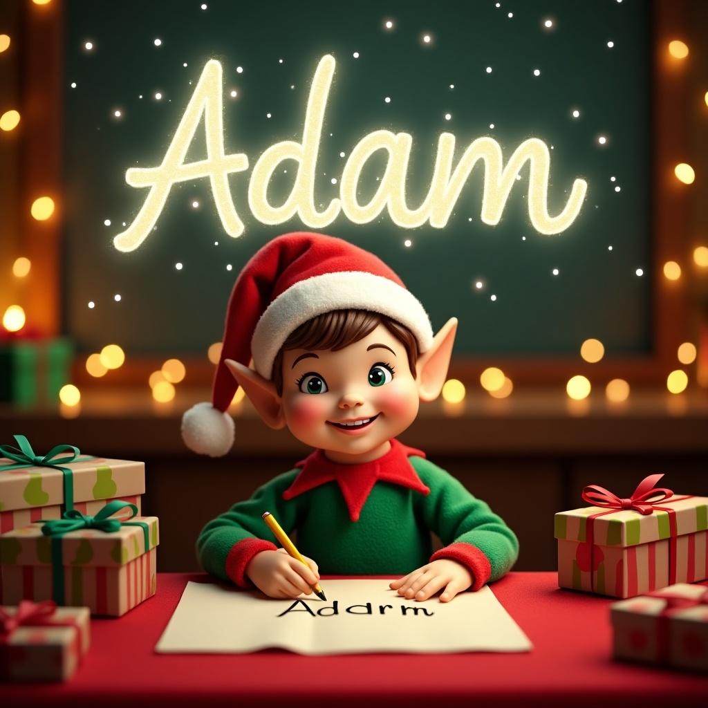 Cheerful Christmas elf seated at a red table writing a name on paper. Elf wears bright green and red outfit with pointed ears and festive hat. Surrounded by colorful holiday decorations like wrapped gifts and twinkling lights. Cozy setting evokes warmth and festive cheer. Above him, the name 'Adam' in sparkling letters with vibrant northern lights for a magical atmosphere.