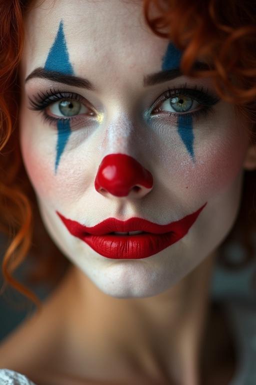 Extreme close-up portrait of a woman wearing clown makeup featuring a red nose bold red lipstick. Soft natural light highlights the features with a blurred background focusing on makeup details. Shutter speed 1/200 for sharpness with aperture f/1.4. Photography using Sony Alpha 1 camera.