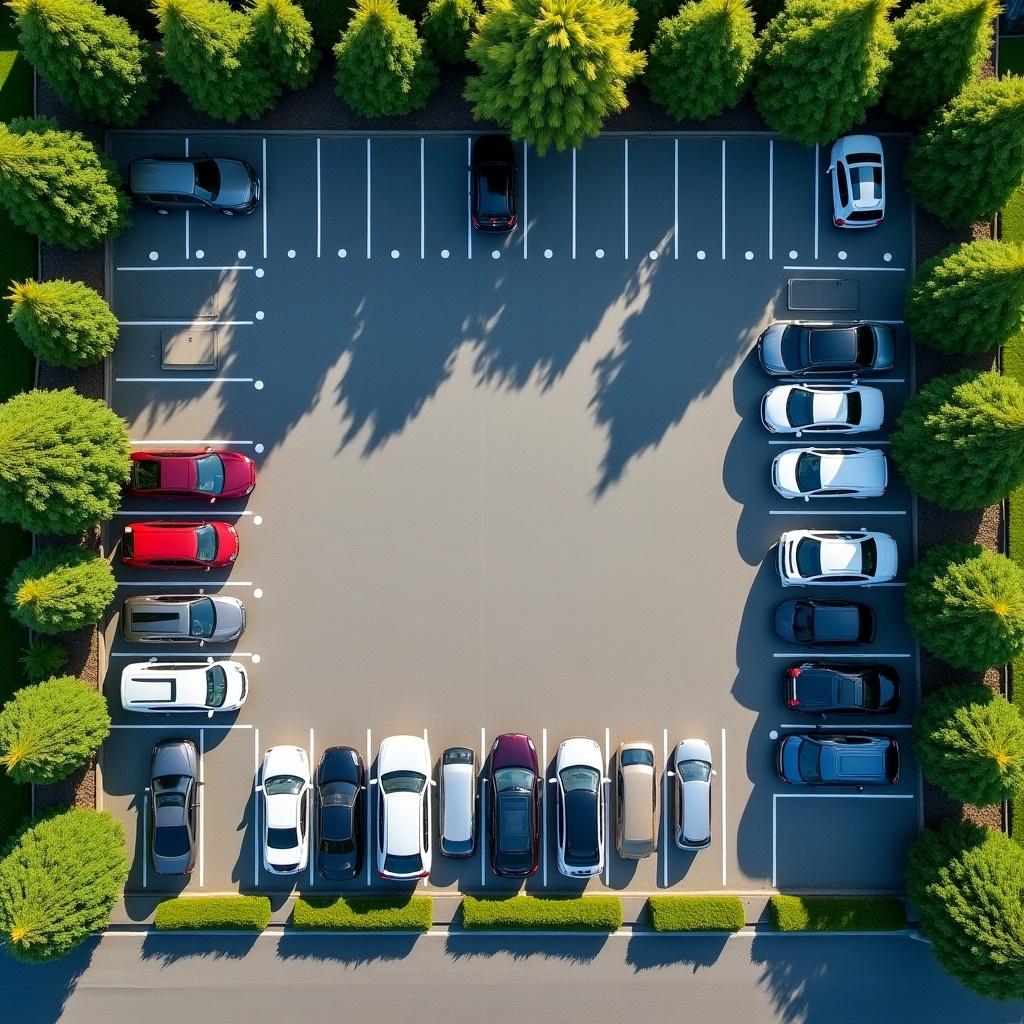 Aerial view showing a rectangular parking lot. Multiple cars parked neatly in defined spots. Dense green trees surrounding the area. Bright daylight illuminating the scene.