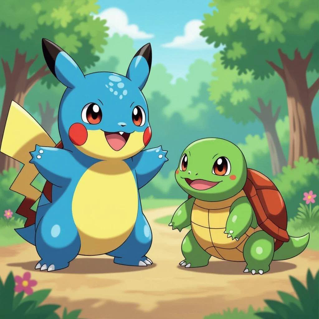 Pikachu and Squirtle share a joyful moment in a lush green forest. Pikachu is blue with yellow belly and red cheeks. Squirtle is green and brown in a cute shell. They are friendly and appear excited.