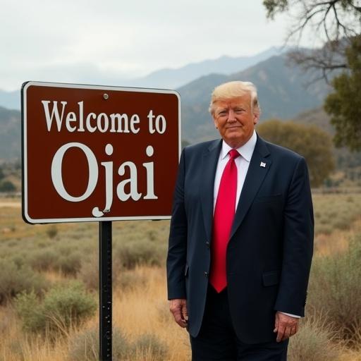 Donald Trump stands beside a sign that reads 'Welcome to Ojai'. The scene is set in the Ojai California valley. The background features mountains and a natural landscape.