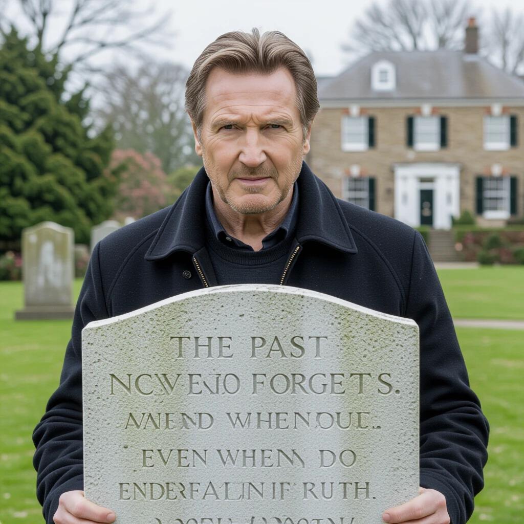 A man stands holding a large stone marker in a cemetery. The stone is inscribed with a haunting quote about memory and the past. In the background, a large historic house is visible. The setting has a serene yet melancholic atmosphere.