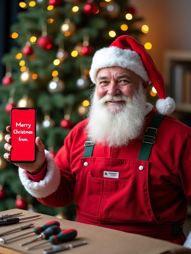 A festive scene with Santa Claus as a cheerful technician. Santa wears red overalls and a red Santa hat. He holds a red smartphone displaying a Christmas message. Tools are spread around on a repair mat. A decorated Christmas tree glows in the background, creating a warm and inviting environment.