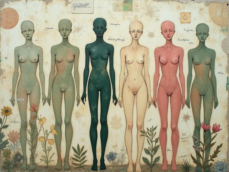 An acrylic still life styled like an old botanical plate. Pressed women bodies arranged on a parchment-textured surface. Muted colors and handwritten-style labels evoke nostalgia.