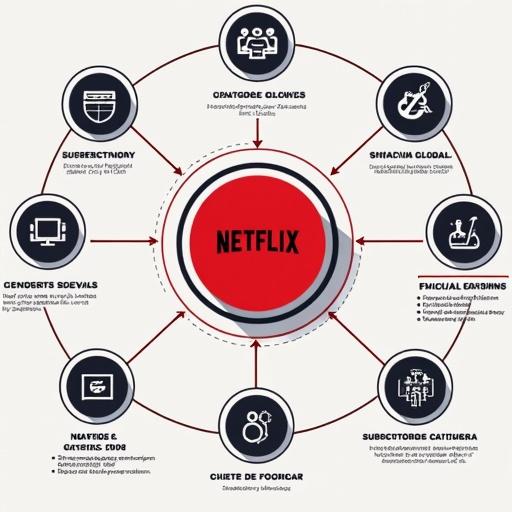 Detailed modern infographic of Netflix Value Network. Netflix in center as main node with logo. Connects with arrows to key agents. 1. Content Creators and Providers with film clapper icon labeled. 2. Subscribers/Users with TV group icon labeled. 3. Technology Providers with cloud icon. 4. Distribution Channels with Smart TV icon. 5. Investors with stock graph icon. 6. Regulatory Agencies with justice scale icon. Clear layout in red and black with readable Spanish labels. Clean background for focus on information.