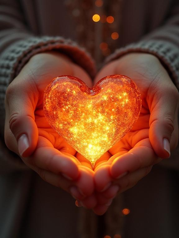 Hands hold a melting heart made of glowing orange material. The heart emits a warm light. The background is softly blurred. A sense of warmth and love is present.