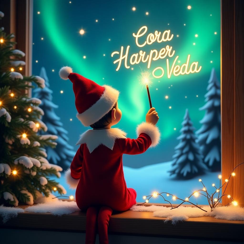 An enchanting Christmas scene featuring an elf on the shelf, who is facing the sky with his back to the viewer. The elf, dressed in red and white, wields a magic wand, writing 'Cora', 'Harper', and 'Veda' in a glowing script above him. The backdrop is adorned with vibrant northern lights, adding a magical ambiance. The scene is festive, portraying the spirit of Christmas with a whimsical twist. The elf's position and action create a sense of wonder and excitement that captures the joy of the holiday season.