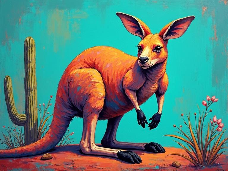 Abstract painting of a kangaroo inspired by Navajo art. Features vibrant shades of turquoise along with a rich color palette. The design incorporates abstract elements and textures.