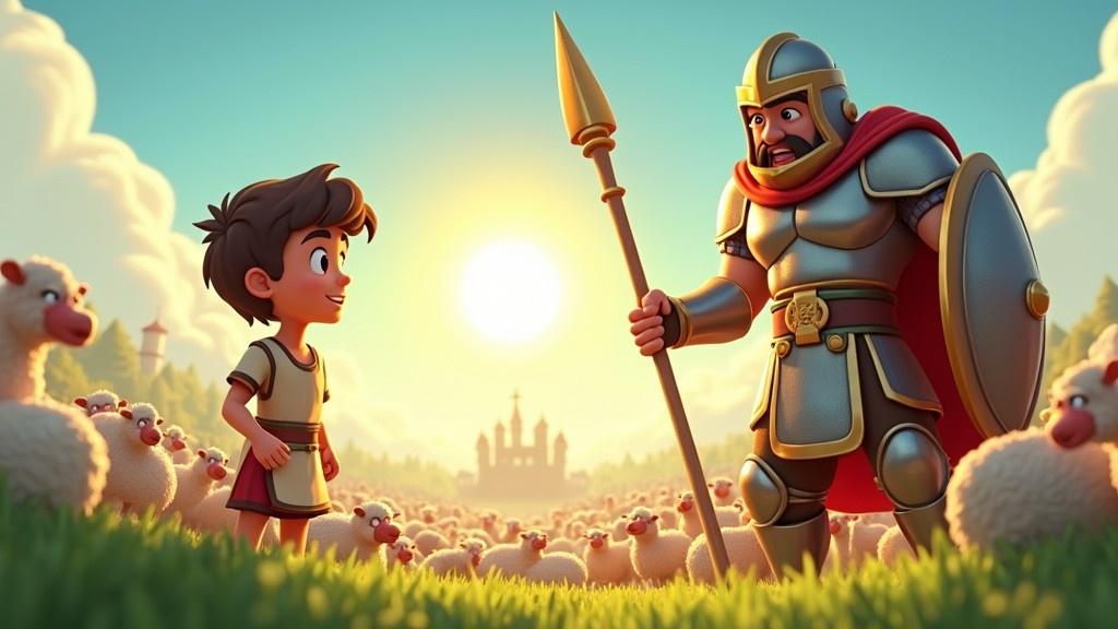 3D cartoon illustration depicting a young shepherd David in green pastures surrounded by sheep. In the background, a towering Goliath stands in intricate armor. Dramatic sunlight illuminates the scene. Show David as calm and brave. Goliath is mocking and arrogant. Create a split scene featuring both characters.