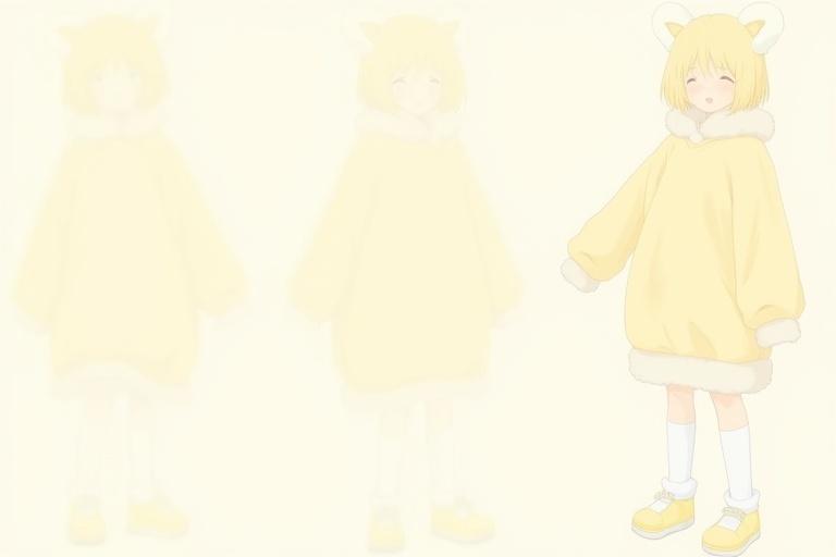 Anime character sheet showcases a young adult female character with a gentle and curious personality. Character has waist-length pastel yellow hair with straight bangs. Small animal ears subtly integrated into hair. Wears an oversized hoodie dress in pale yellow with fur trim. Styled with thigh-high white socks and pastel yellow sneakers. Character has a slender figure with a height appropriate for a young adult. Displays front, back, and right-side views.