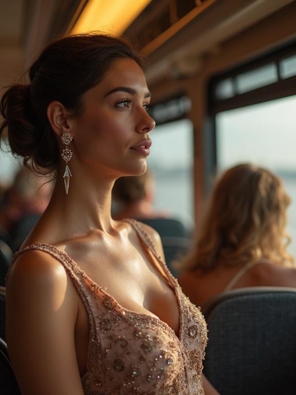 A beautiful woman with a large bust wearing an elegant dress with a neckline is sitting in a bus. Natural light softens the scene.
