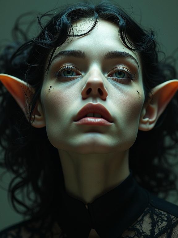 Creative portrait of an alien woman with pointy ears. Shot from an upward angle to enhance features. Integrates painting techniques for a textured appearance. Displays a decadent and dark atmosphere with an apocalyptic beauty.