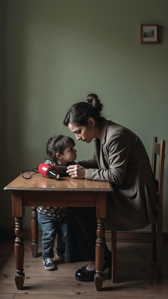 A woman and a young child share an intimate moment at a small wooden table with a hairdryer placed on it, set against a green wall.