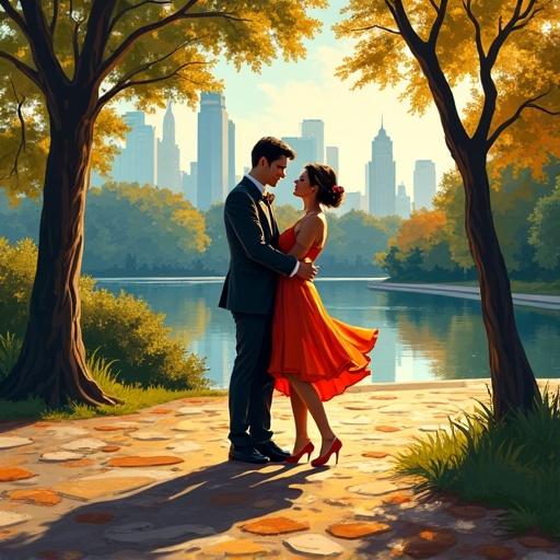 Couple dancing in Central Park surrounded by trees and a skyline in a Picasso art style