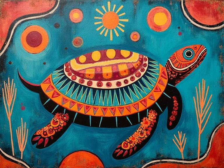 Navajo inspired abstract painting featuring a vibrant turtle design. The artwork displays rich turquoise shades and colorful patterns. The turtle is the main focus against a bright background with sun and circular motifs.