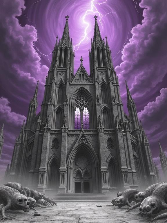 Gothic cathedral storms sky alien planet spires purple heavens gargoyles grotesque creatures facade stained glass alien mythology lightning illuminates atmosphere mystery foreboding inspiring Dürer Doré