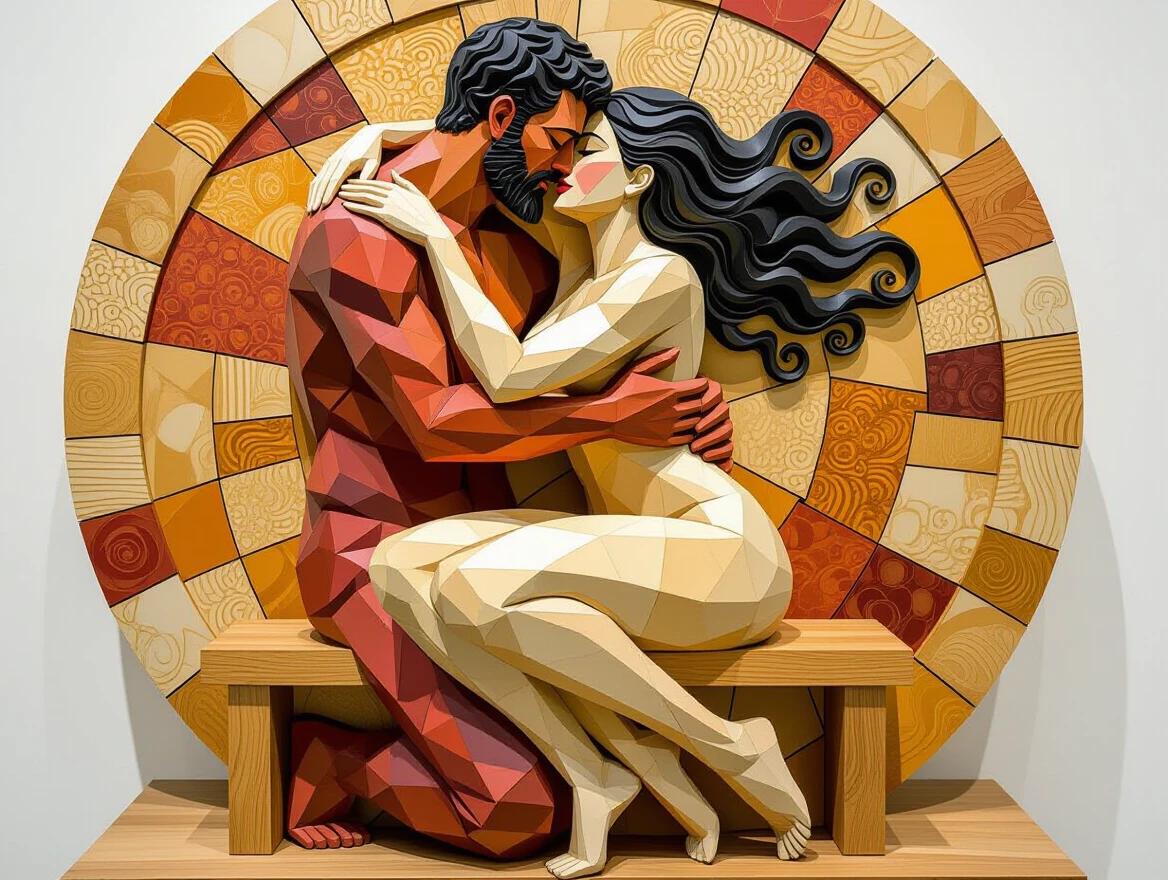 A sculpture made of wood shows a man embracing a naked woman. They sit on a wooden box against a circular abstract background. Natural wood pieces hang from threads, causing movement with air currents. The wood forms parts of an abstract female figure that shifts in angles. The art reflects modern artistic techniques.