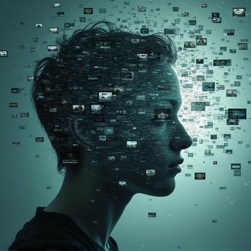 A head dissolving into a vortex of pixelated videos and text snippets. Glazed eyes reflecting endless scrolling. Mood is disoriented and melancholic. Portray cognitive decline from information overload. Digital art with glitch effects. Low saturation and deep focus. Shows mental fogginess and fractured attention.