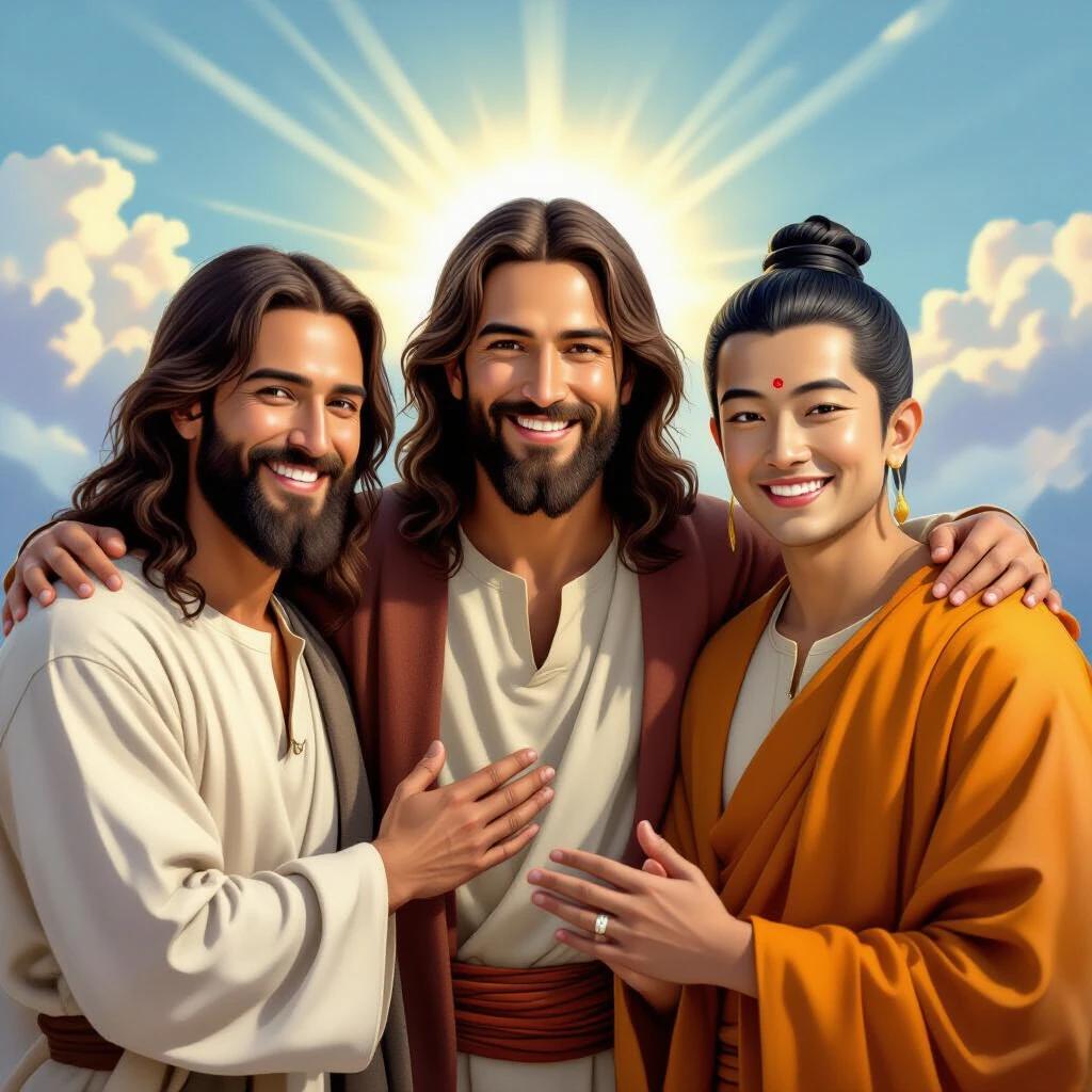 Three spiritual leaders in traditional clothing greet the viewer. They demonstrate togetherness and love. The background features a sunlit sky with fluffy clouds. The scene radiates positivity and hope.