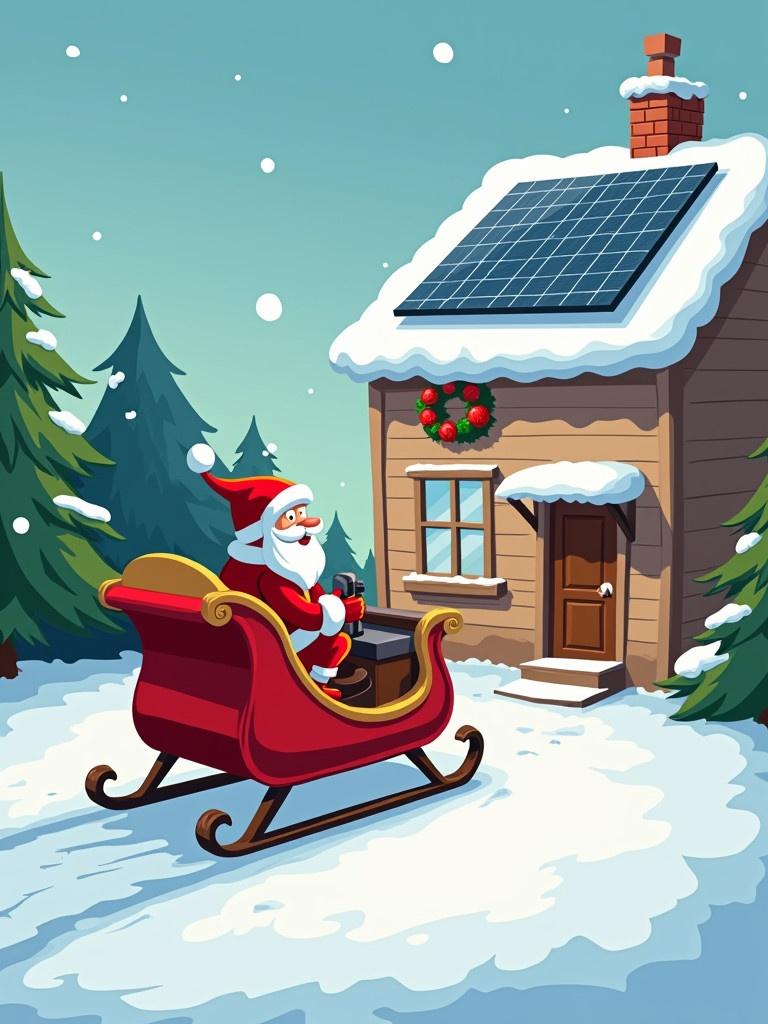 Santa Claus rides an electric-powered sleigh outside a house with solar panels on the roof. The scene is cartoon style with snow and trees in the background.