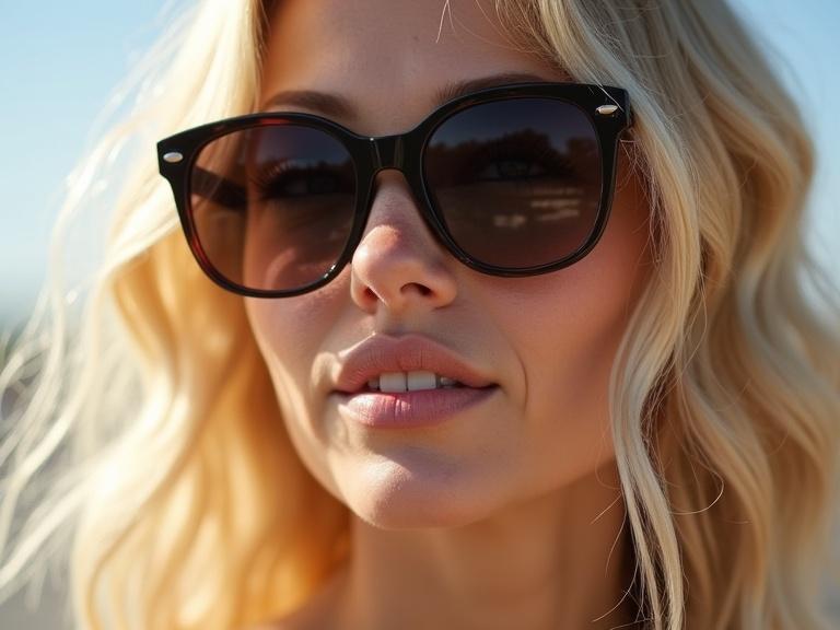 Blonde woman wearing stylish sunglasses in a close-up, captured in soft natural sunlight. Background suggests an outdoor setting. Her hairstyle is wavy and soft. The focus is on her face and expression.