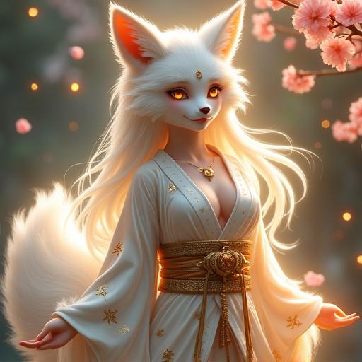 Divine fox goddess with a humanoid body and fox-like features. Soft animalistic features with golden markings. Large fluffy fox ears and long flowing white hair. Snowy white fur emphasizes curvaceous figure. Luxurious glowing kimono with moon and star motifs. Surrounded by floating spirit flames and cherry blossoms in a sacred forest shrine at twilight.