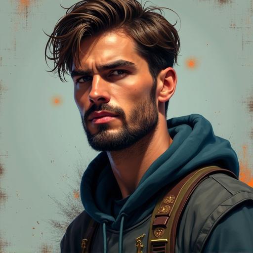 Digital illustration features a man in a stylish hoodie with a backpack. The art style reflects a digital impressionism approach. Vibrant colors and artistic strokes enhance the visual appeal.