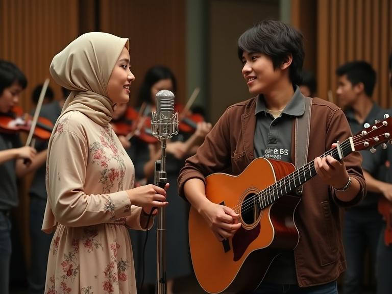 Vintage indoor recording studio scene from the 1970s. Young couple stands together facing each other. He plays acoustic guitar while singing. She sings into a silver microphone. The young woman wears a cream jilbab and a maroon dress with butterfly patterns. He wears a brown jacket over a dark grey polo shirt labeled 'GIE 85' and dark brown jeans. A professional microphone on a stand is in front of them. A classical music orchestra plays in the background, focusing on string instruments. The depth of field blurs the background slightly, emphasizing musicians' hands and instruments. Neon text reads 'CINTA PERTAMA.'