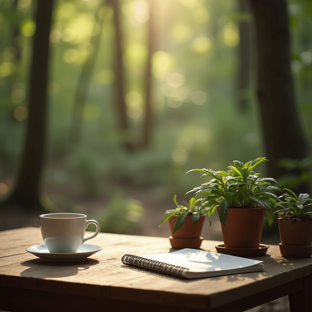 A peaceful scene with a cup of coffee, a notebook, and potted plants on a wooden table in a sunlit forest.