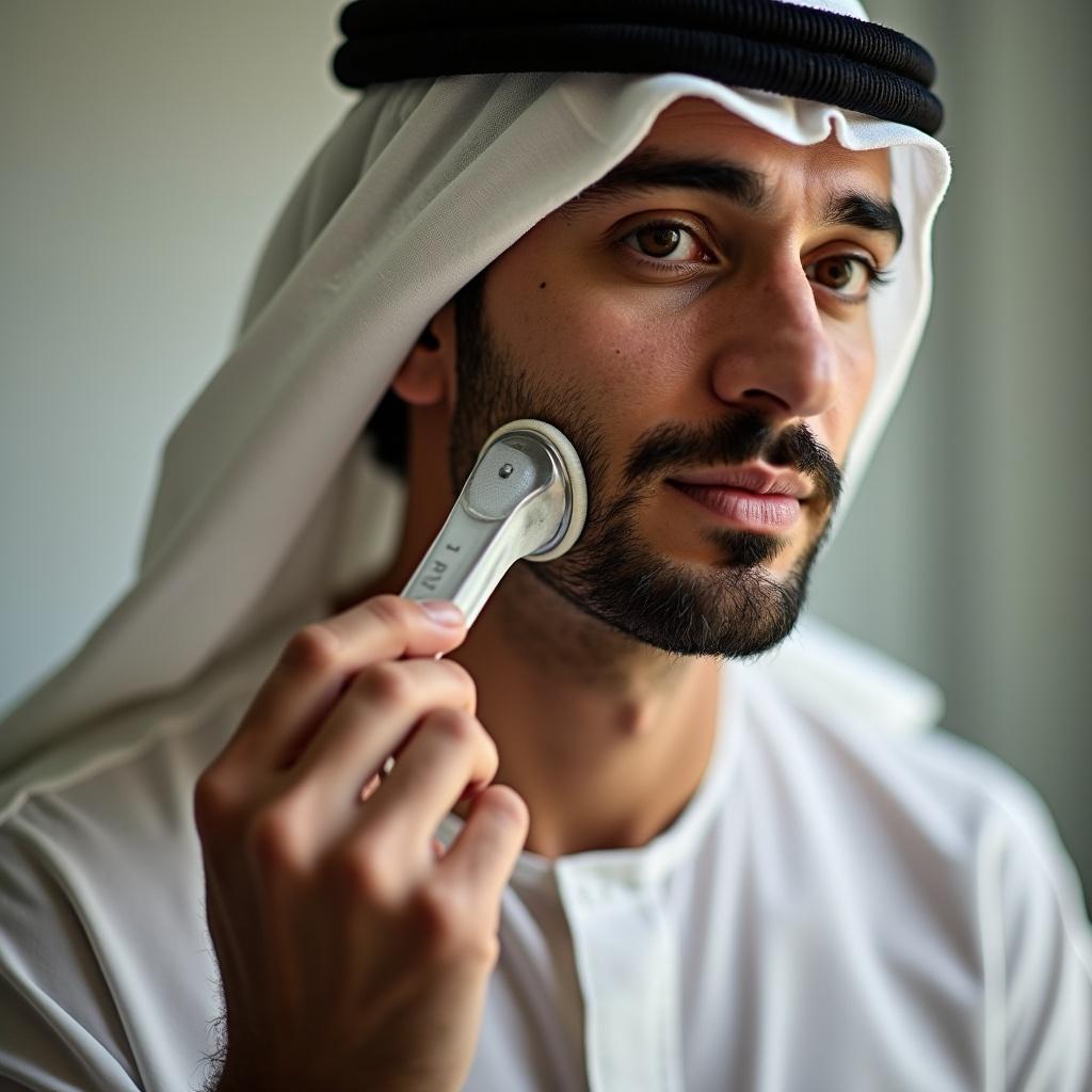 Arab man engaged in shaving. Focus on grooming routine. Subject is using a razor. Emphasis on personal care. Captured in soft light. Clean background to highlight the action.