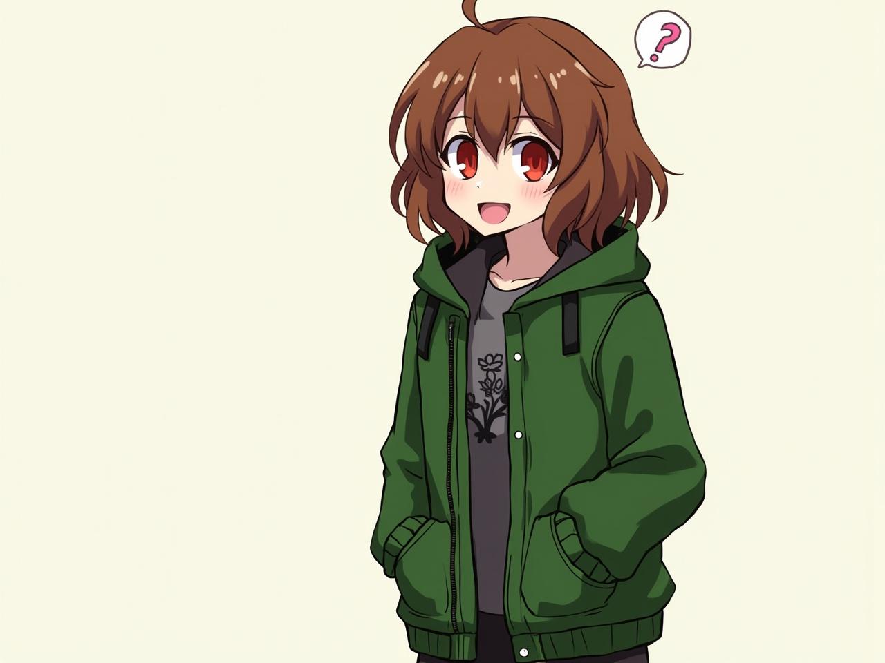 The image features a happy anime character with brown hair and red eyes. She is wearing a green jacket and has her hands in her pockets. The character has a cheerful expression, indicated by her smile. A small question mark above her head suggests she is curious or confused about something. The style is colorful and appealing, typical of anime art. The background is a simple light color, emphasizing the character's vibrant features.