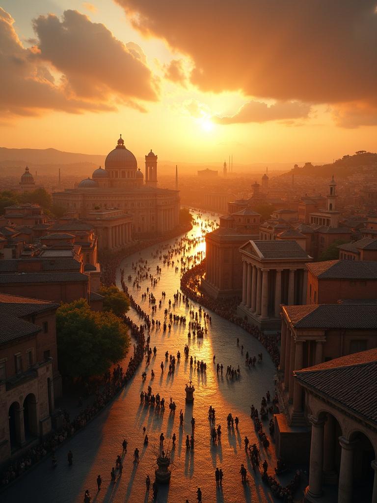 Aerial shot of ancient Rome during sunset. Tiber River flows through the city. Luxurious litters carried by slaves. Citizens in tunics in the streets. Banners flying in the wind. Cinematic quality. Cloudy sunset.