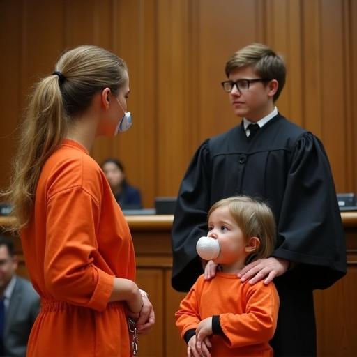 Young boy in judge's robe stands in a courtroom. His mother and sister wear orange jumpsuits and are on their knees. Mother exhibits tears while boy looks serious. Sister has oversized pacifier and cries. The courtroom has wooden panels and benches.