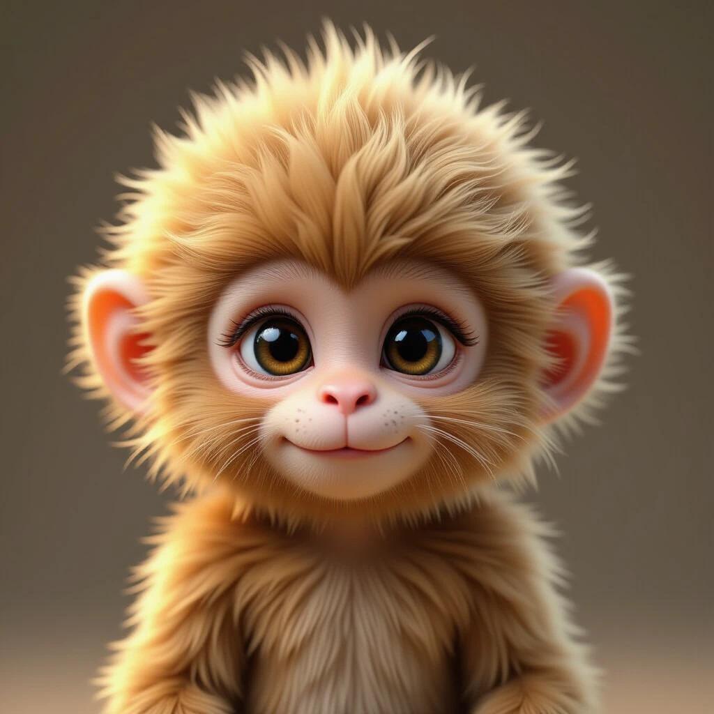 3D design of a baby monkey with golden fluffy hair. Features include a round face, big bright eyes, and a delicate nose. Character evokes a sense of cuteness and friendliness.