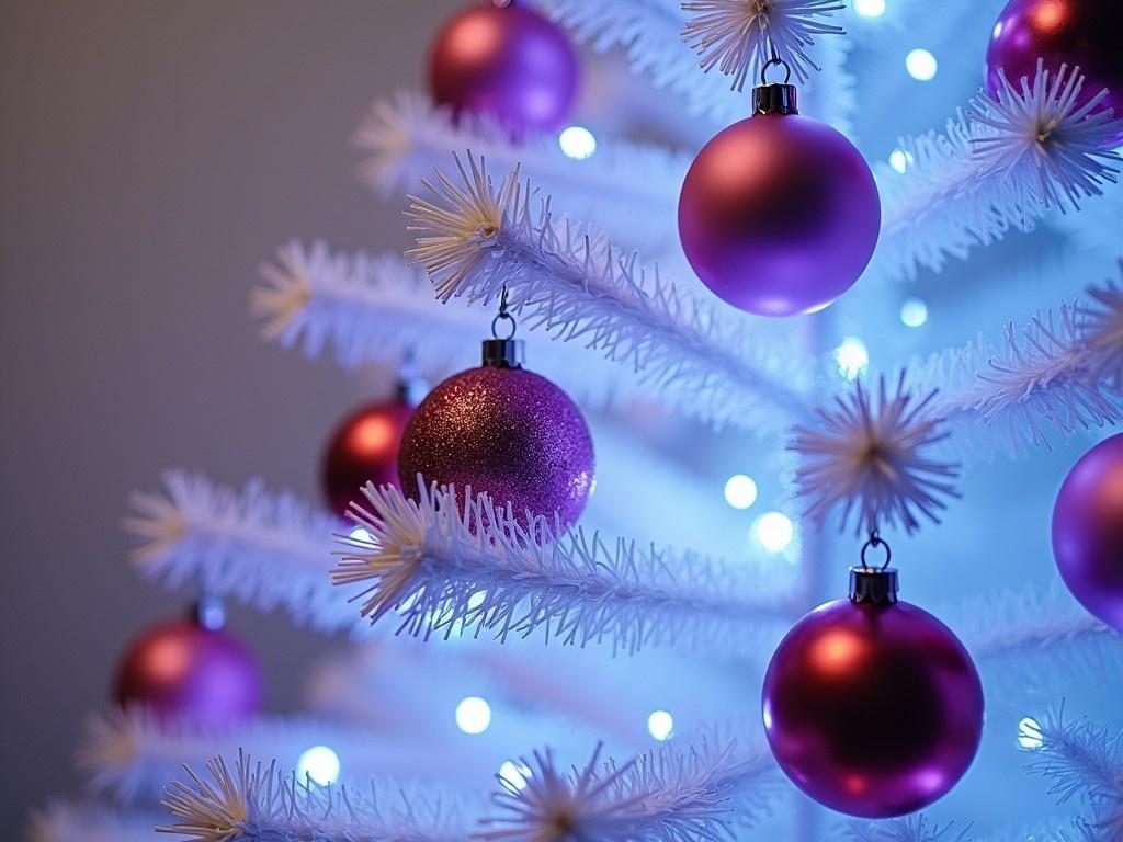 This image features a beautiful white Christmas tree adorned with vibrant purple, red, and pink Christmas balls. The tree is illuminated by soft blue lights, creating a festive atmosphere. Close-up details highlight the shiny ornaments, enhancing the visual appeal of the holiday decoration. This scene evokes joy and the spirit of the Christmas season. Perfect for those looking to share holiday cheer or seek inspiration for seasonal decor.