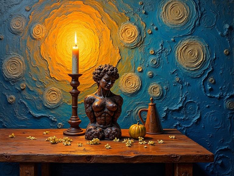 Vibrant still life composition. Rustic wooden table displays an erotic sculpture and flickering candle. Swirling textured wall in background. Bold expressive strokes mimic Van Gogh.