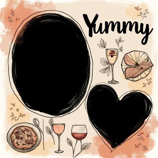 Hand-drawn photo collage with warm dinner gathering theme. Two blank black photo frames: one large oval in upper left and one smaller heart shape in bottom right. Background features pencil sketches of dishes, cutlery, and wine glasses in earth tones. Hand-lettered word 'Yummy' in whimsical font. Casual and intimate design with pastel shading.