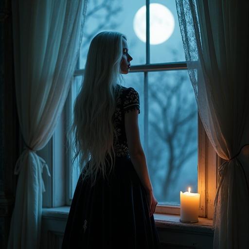 Breathtakingly beautiful mysterious woman with long silver hair standing silently by an open window gazing out into the moonlit night wearing an elegant dark velvet gown with intricate embroidery soft candlelight illuminating the room cold wind blowing the curtains slightly gothic Victorian interior behind her glowing porcelain skin melancholic expression photorealistic cinematic lighting soft shadows magical atmosphere