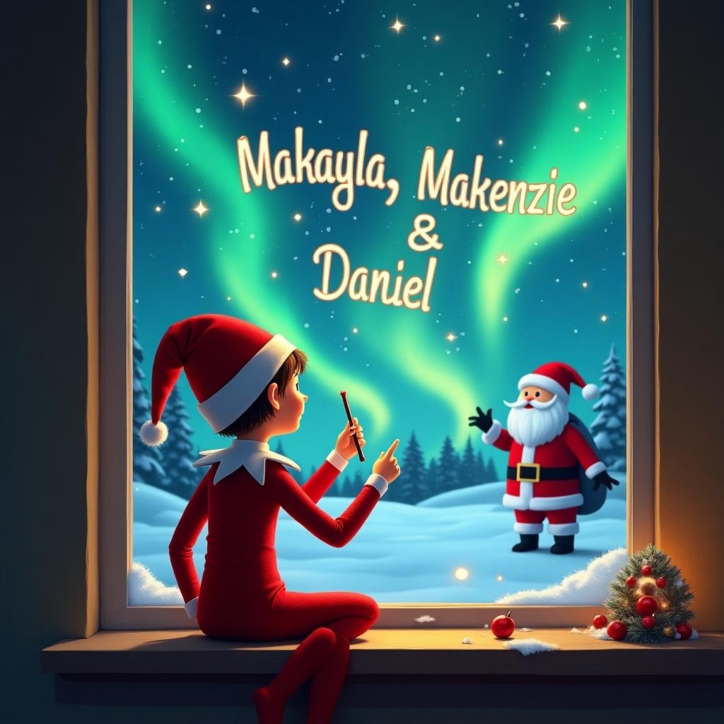 This image features a whimsical depiction of an elf on the shelf sitting by a window. The elf is dressed in a bright red costume and facing away from the viewer. With a wand, the elf writes in the night sky. Outside the window, stunning northern lights illuminate the scene, creating a magical atmosphere. In the distance, Santa Claus can be seen, further enhancing the festive mood. The names 'Makayla, Makenzie & Daniel' sparkle in the sky, embodying the spirit of Christmas wonder.