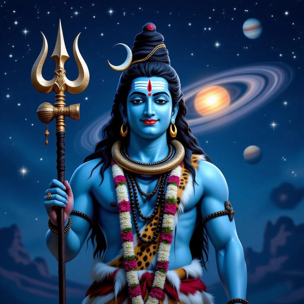 Medium shot of Lord Shiva visible from head to waist in calm pose with Trishul and Damarukam. Snake around his neck minimal jewelry cheetah skin draped around waist serene smile. Background features rotating planets and stars against dark night sky.