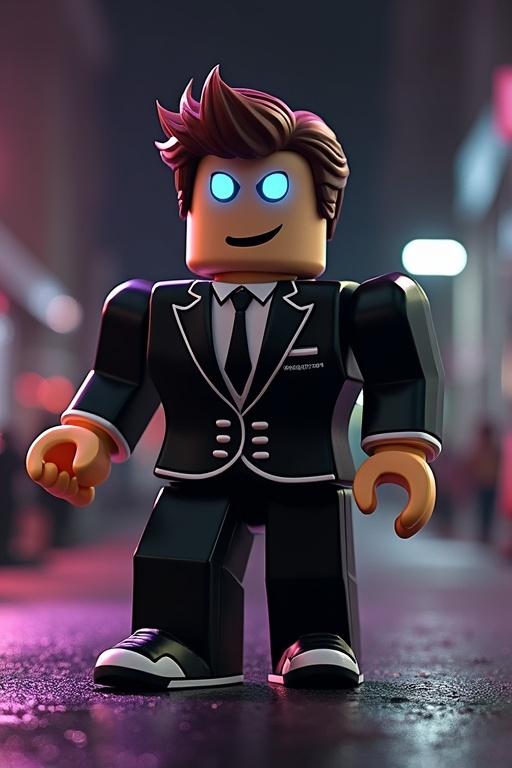 Classic Roblox character in a tuxedo with a Dominus helmet. Stylish appearance with contrasting colors. Bright neon lighting background. Character stands confidently in an urban setting.