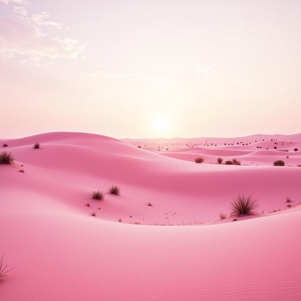 A wide view of pink sand dunes at sunrise. Soft colors and serene atmosphere. Unique desert landscape with gentle contours and sparse vegetation.