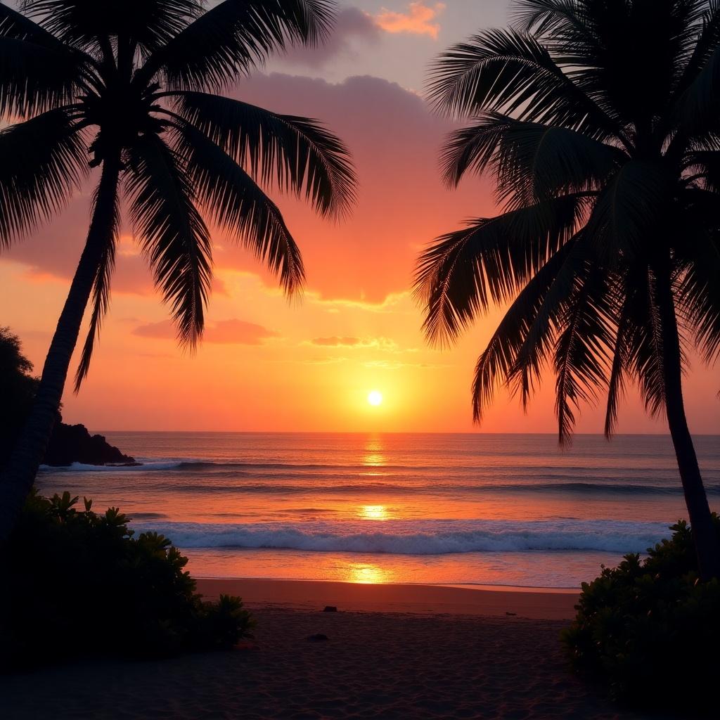 Sunset view at a Bali beach. Silhouettes of palm trees. Soft waves in the ocean. Vibrant sky with warm colors. Peaceful and tropical atmosphere.