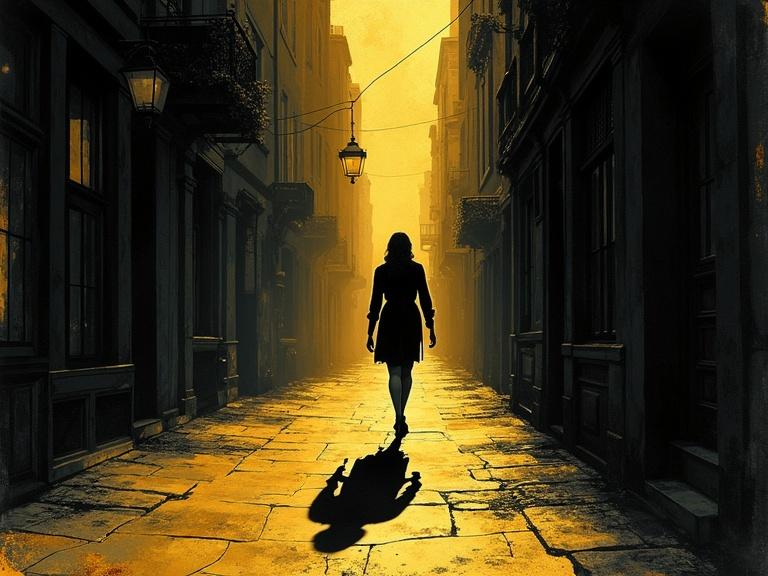 Golden age illustration. A lone figure walks down a shadowed alleyway in a 1920s city. Shadows stretch long and distorted. Intricate details and vibrant colors. Vintage eerie aesthetics. Noir lighting.